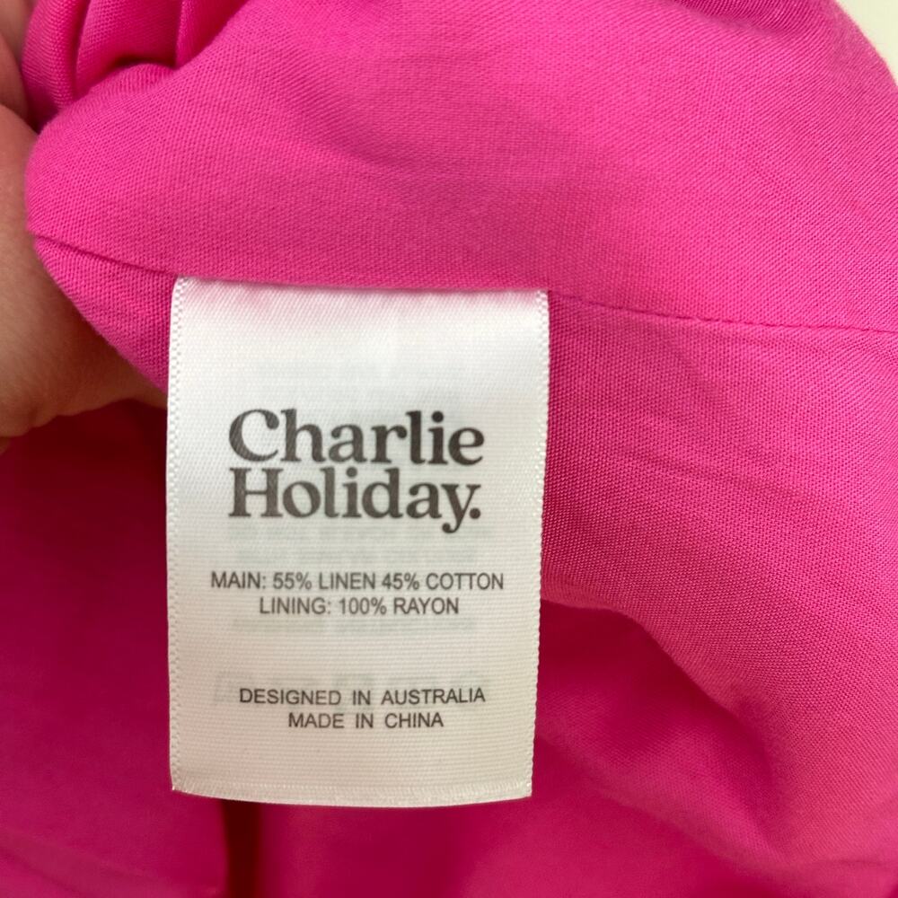 ANTHROPOLOGIE x CHARLIE HOLIDAY Linen Puff Sleeve Mini Dress Pink Sz 6 {3W45} - Picture 6 of 6